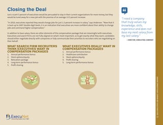 2013EXECUTIVEJOBMARKETINTELLIGENCEREPORT
17
Closing the Deal
Just a scant 5 percent of executives would be persuaded to stay in their current organizations for more money, but they
would be lured away for a new job with the promise of an average 13.5 percent increase.
“In 2010, executives reported they would change jobs for just 1.3 percent increase in salary,”says Anderson. “Now that it
is back up to 2007 double-digit levels, it is an indication that executives are more confident about their ability to change
jobs and command higher compensation.”
In addition to base salary, there are other elements of the compensation package that are meaningful with executives.
Executives and search firms are not fully aligned on what’s most important, so to get exactly what they want, candidates
should either negotiate directly with companies or fully communicate their priorities to recruiters who are negotiating on
their behalf.
WHAT SEARCH FIRM RECRUITERS
THINK EXECUTIVES WANT IN
COMPENSATION PACKAGES
1.	 Annual performance bonus
2.	 Stock options/equity
3.	 Relocation package
4.	 Long-term performance bonus
5.	 Profit sharing
WHAT EXECUTIVES REALLY WANT IN
COMPENSATION PACKAGES
1.	 Annual performance bonus
2.	 Healthcare contribution
3.	 Stock options/equity
4.	 Profit sharing
5.	 Long-term performance bonus
“
“I need a company
that truly values my
knowledge, skills,
experience and does not
base my next salary from
my last salary.”
– DIRECTOR, CONSULTING COMPANY
 