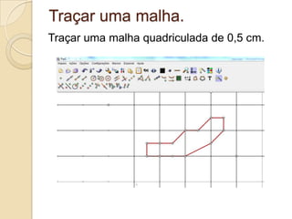 Traçar uma malha.
Traçar uma malha quadriculada de 0,5 cm.
 