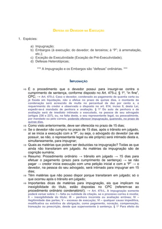 DEFESA DO DEVEDOR NA EXECUÇÃO

1. Espécies:

        a) Impugnação;
        b) Embargos (à execução; do devedor; de terceiros; à “P”; à arrematação,
           etc.);
        c) Exceção de Executividade (Exceção de Pré-Executividade);
        d) Defesas Heterotópicas;

             *** A Impugnação e os Embargos são “defesas” ordinárias. ***


                                      IMPUGNAÇÃO

   ⇒ É o procedimento que o devedor possui para insurgir-se contra o
     cumprimento de sentença, conforme disposto no Art. 475-J, § 1º, “in fine”,
     CPC; → Art. 475-J. Caso o devedor, condenado ao pagamento de quantia certa ou
      já fixada em liquidação, não o efetue no prazo de quinze dias, o montante da
      condenação será acrescido de multa no percentual de dez por cento e, a
      requerimento do credor e observado o disposto no art. 614, inciso II, desta Lei,
      expedir-se-á mandado de penhora e avaliação. § 1o Do auto de penhora e de
      avaliação será de imediato intimado o executado, na pessoa de seu advogado
      (artigos 236 e 237), ou, na falta deste, o seu representante legal, ou pessoalmente,
      por mandado ou pelo correio, podendo oferecer impugnação, querendo, no prazo de
      quinze dias.
   ⇒ Como visto anteriormente, deve ser oferecida no prazo de 15 dias;
   ⇒ Se o devedor não cumpriu no prazo de 15 dias, após o trânsito em julgado,
     aí se inicia a execução com a “P”, ou seja, o advogado do devedor (se ele
     possuir, se não, o representante legal ou ele próprio) será intimado desta e,
     simultaneamente, para impugnar;
   ⇒ Quais as matérias que podem ser deduzidas na impugnação? Todas as que
     ainda não transitaram em julgado. As matérias da impugnação são de
     cognição sumária;
   ⇒ Resumo: Procedimento ordinário → trânsito em julgado → 15 dias para
     efetuar o pagamento (prazo para cumprimento de sentença) → se não
     pagar → credor inicia execução com uma petição inicial e com a “P” → o
     devedor, na pessoa do seu advogado, será intimado para impugnar em 15
     dias;
   ⇒ Têm matérias que não posso dispor porque transitaram em julgado; só o
     que ocorreu após o trânsito em julgado;
   ⇒ Importantes dicas de matérias para impugnação, eis que implicam na
     inexigibilidade do título, estão dispostas no CPC (referem-se ao
     procedimento ordinário condenatório!); → Art. 475-L. A impugnação somente
      poderá versar sobre: I – falta ou nulidade da citação, se o processo correu à revelia;
      II – inexigibilidade do título; III – penhora incorreta ou avaliação errônea; IV –
      ilegitimidade das partes; V – excesso de execução; VI – qualquer causa impeditiva,
      modificativa ou extintiva da obrigação, como pagamento, novação, compensação,
      transação ou prescrição, desde que superveniente à sentença. § 1 o Para efeito do
 