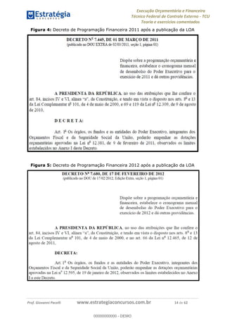 Execução Orçamentária e Financeira
Técnico Federal de Controle Externo - TCU
Teoria e exercícios comentados
Prof. Giovanni Pacelli www.estrategiaconcursos.com.br 14 de 62
Figura 4: Decreto de Programação Financeira 2011 após a publicação da LOA
Figura 5: Decreto de Programação Financeira 2012 após a publicação da LOA
00000000000
00000000000 - DEMO
 