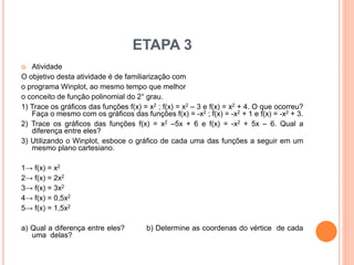 ETAPA 3 
 Atividade 
O objetivo desta atividade é de familiarização com 
o programa Winplot, ao mesmo tempo que melhor 
o conceito de função polinomial do 2° grau. 
1) Trace os gráficos das funções f(x) = x2 ; f(x) = x2 – 3 e f(x) = x2 + 4. O que ocorreu? 
Faça o mesmo com os gráficos das funções f(x) = -x2 ; f(x) = -x2 + 1 e f(x) = -x2 + 3. 
2) Trace os gráficos das funções f(x) = x2 –5x + 6 e f(x) = -x2 + 5x – 6. Qual a 
diferença entre eles? 
3) Utilizando o Winplot, esboce o gráfico de cada uma das funções a seguir em um 
mesmo plano cartesiano. 
1→ f(x) = x2 
2→ f(x) = 2x2 
3→ f(x) = 3x2 
4→ f(x) = 0,5x2 
5→ f(x) = 1,5x2 
a) Qual a diferença entre eles? b) Determine as coordenas do vértice de cada 
uma delas? 
 