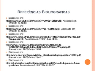 REFERÊNCIAS BIBLIOGRÁFICAS 
 Disponível em: 
https://www.youtube.com/watch?v=uWOz4GB36GQ; Acessado em 
17/09/14 às 18:50. 
 Disponível em: 
https://www.youtube.com/watch?v=3s_wZ11FzMM; Acessado em 
17/09/14 às 18:55. 
 Disponível em: 
http://www.lume.ufrgs.br/bitstream/handle/10183/18209/000727990.pdf 
?sequence=1; Acessado em 17/09/14 às 14:32. 
 Disponível em: 
file:///C:/Users/usuario/Documents/Bruno/NTEM%20- 
%20BRUNO/Aula03-EditordeGr%C3%A1ficos-Winplot.pdf ; 
Acessado em 17/09/14 às 15:36. 
 Disponível em: 
http://www.pucrs.br/famat/viali/tic_literatura/artigos/pacotes/10677.pdf. 
Acessado em 17/09/14 às 13:41. 
 Disponível em: 
http://pt.slideshare.net/antoniocarlosluguetti/funo-do-2-grau-ou-funo-quadrtica. 
Acessado em 01/09/2014 às 20:57 
