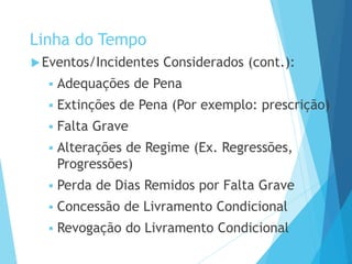 Linha do Tempo
Eventos/Incidentes Considerados (cont.):
 Adequações de Pena
 Extinções de Pena (Por exemplo: prescrição)
 Falta Grave
 Alterações de Regime (Ex. Regressões,
Progressões)
 Perda de Dias Remidos por Falta Grave
 Concessão de Livramento Condicional
 Revogação do Livramento Condicional
PODER JUDICIÁRIO DO PARANÁ
 