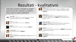Rezultati - kvalitativni
Zadovoljni posetioci ostavljali su pregršt
pozitivnih poruka i pohvala na Twitteru,
šireći utiske sa svojim prijateljima
 