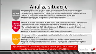 Analiza situacije




Agencijski zadatak: Realizovati digitalnu kampanju sa ciljem inovacije
        i osvežavanja komunikacione strategiju za VBM 2011
 