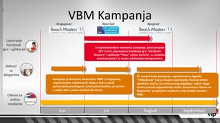 Kragujevac
                                VBM Kampanja              Novi Sad                            Beograd



   Lansiranje
   Facebook
                                                    U najintenzivnijem momentu kampanje, pred evropski
igre i aplikacije                                     CEV Turnir, plasmanom Facebook igre “Vip Beach
                                                    Masters” i aplikacije “Talas” online korisnici su dodatno
                                                     animirani pred i za vreme održavanje samog turnira.

 Odnosi
   sa
blogerima                                                                             Pri samom kraju kampanje, organizovan je događaj
                    Kampanja je lansirana otvaranjem VBM u Kragujevcu,                 “OdbojkaUp” koji je okupio najuticajnije članove online
                    angažovanjem selektovanih blogera koji su pisali                  zajednice, koji su za vreme samog događaja i nakon njega
                    personalizovane blogove i prenosili atmosferu sa turnira          viralno preneli najpozitivnije utiske, komentare i objave na
                    u online sferu putem društvenih mreža.                            blogovima i društvenim mrežama o Vip mobile brendu i
   Odnosi sa                                                                          VBM.
    online
   medijima
                        Jun                                Jul                             Avgust                          Septembar
 