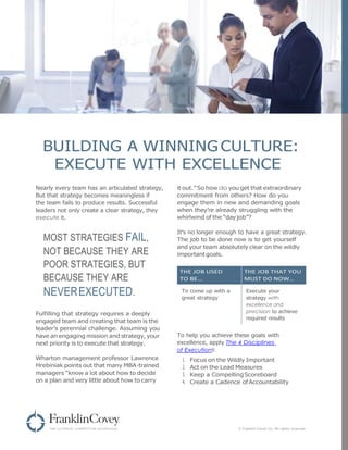 BUILDING A WINNING CULTURE:
EXECUTE WITH EXCELLENCE
Nearly every team has an articulated strategy,
But that strategy becomes meaningless if
the team fails to produce results. Successful
leaders not only create a clear strategy, they
execute it.
MOST STRATEGIES FAIL,
NOT BECAUSE THEY ARE
POOR STRATEGIES, BUT
BECAUSE THEY ARE
NEVEREXECUTED.
it out.” So how do you get that extraordinary
commitment from others? How do you
engage them in new and demanding goals
when they’re already struggling with the
whirlwind of the “day job”?
It’s no longer enough to have a great strategy.
The job to be done now is to get yourself
and your team absolutely clear on the wildly
importantgoals.
Fulfilling that strategy requires a deeply
engaged team and creating that team is the
leader’s perennial challenge. Assuming you
have an engaging mission and strategy, your
next priority is to execute that strategy.
Wharton management professor Lawrence
Hrebiniak points out that many MBA-trained
managers “know a lot about how to decide
on a plan and very little about how to carry
To help you achieve these goals with
excellence, apply The 4 Disciplines
of Execution®:
1. Focus on the Wildly Important
2. Act on the Lead Measures
3. Keep a CompellingScoreboard
4. Create a Cadence ofAccountability
© Franklin Covey Co. All rights reserved.
THE JOB USED
TO BE…
THE JOB THAT YOU
MUST DO NOW…
To come up with a Execute your
great strategy strategy with
excellence and
precision to achieve
required results
 