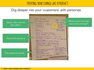 TREATING YOUR CHANGE LIKE A PRODUCT 
Dig deeper into your ‘customers’ with personas 
Name, title, picture 
(be safe!!) 
About this persona 
This personas goals 
3 - TREAT YOUR CHANGE LIKE A PRODUCT 
What would they fear 
about this change? 
 