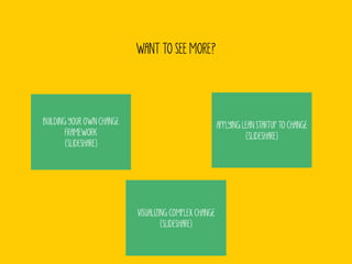 WANT TO SEE MORE? 
BUILDING YOUR OWN CHANGE 
FRAMEWORK 
(SLIDESHARE) 
APPLYING LEAN STARTUP TO CHANGE 
(SLIDESHARE) 
VISUALIZING COMPLEX CHANGE 
(SLIDESHARE) 
 