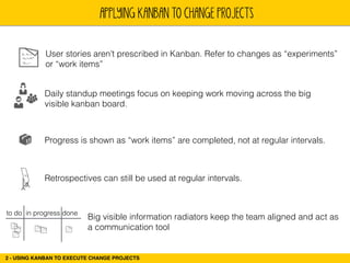 APPLYING KANBAN TO CHANGE PROJECTS 
User stories aren’t prescribed in Kanban. Refer to changes as “experiments” 
or “work items” 
Daily standup meetings focus on keeping work moving across the big 
visible kanban board. 
Progress is shown as “work items” are completed, not at regular intervals. 
Retrospectives can still be used at regular intervals. 
to do in progress done Big visible information radiators keep the team aligned and act as 
a communication tool 
2 - USING KANBAN TO EXECUTE CHANGE PROJECTS 
 