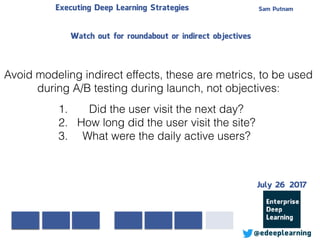 Sam PutnamExecuting Deep Learning Strategies
@edeeplearning
1. Did the user visit the next day?
2. How long did the user visit the site?
3. What were the daily active users?
. Avoid modeling indirect effects, these are metrics, to be used
during A/B testing during launch, not objectives:
Watch out for roundabout or indirect objectives
July 26 2017
 