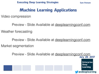 Sam PutnamExecuting Deep Learning Strategies
@edeeplearning
Video compression
Preview - Slide Available at deeplearningconf.com
Machine Learning Applications
Weather forecasting
Preview - Slide Available at deeplearningconf.com
Market segmentation
Preview - Slide Available at deeplearningconf.com
July 26 2017
 