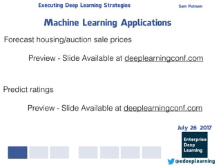 Sam PutnamExecuting Deep Learning Strategies
@edeeplearning
Forecast housing/auction sale prices
Preview - Slide Available at deeplearningconf.com
Machine Learning Applications
Predict ratings
Preview - Slide Available at deeplearningconf.com
July 26 2017
 