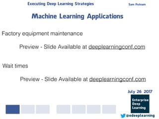 Sam PutnamExecuting Deep Learning Strategies
@edeeplearning
Factory equipment maintenance
Preview - Slide Available at deeplearningconf.com
Machine Learning Applications
Wait times
Preview - Slide Available at deeplearningconf.com
July 26 2017
 