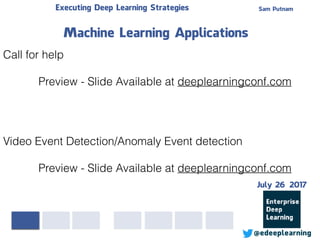Sam PutnamExecuting Deep Learning Strategies
@edeeplearning
Call for help
Preview - Slide Available at deeplearningconf.com
Machine Learning Applications
Video Event Detection/Anomaly Event detection
Preview - Slide Available at deeplearningconf.com
July 26 2017
 