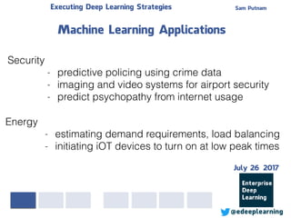 Sam PutnamExecuting Deep Learning Strategies
@edeeplearning
Security
- predictive policing using crime data
- imaging and video systems for airport security
- predict psychopathy from internet usage
Machine Learning Applications
Energy
- estimating demand requirements, load balancing
- initiating iOT devices to turn on at low peak times
July 26 2017
 