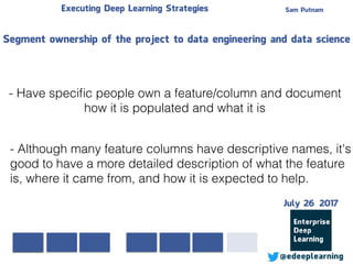 Sam PutnamExecuting Deep Learning Strategies
@edeeplearning
- Have speciﬁc people own a feature/column and document
how it is populated and what it is
- Although many feature columns have descriptive names, it's
good to have a more detailed description of what the feature
is, where it came from, and how it is expected to help.
Segment ownership of the project to data engineering and data science
July 26 2017
 