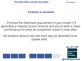 Sam PutnamExecuting Deep Learning Strategies
@edeeplearning
- Prioritize the freshness requirement of your model, if it
generates a majority of your revenue and you've seen a major
performance hit when its unwatched, watch it more often
- Ad systems receive new ads each day, so generally must
update daily
Freshness is paramount
July 26 2017
 