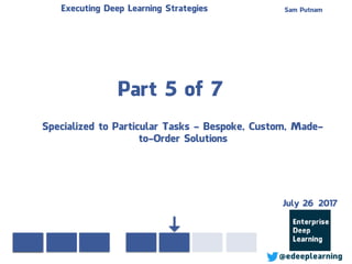 Part 5 of 7
Sam PutnamExecuting Deep Learning Strategies
@edeeplearning
Specialized to Particular Tasks - Bespoke, Custom, Made-
to-Order Solutions
July 26 2017
 