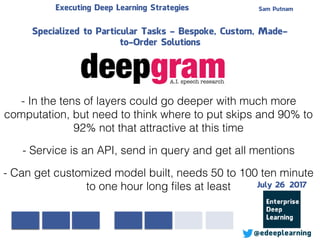 Sam PutnamExecuting Deep Learning Strategies
@edeeplearning
Specialized to Particular Tasks - Bespoke, Custom, Made-
to-Order Solutions
- In the tens of layers could go deeper with much more
computation, but need to think where to put skips and 90% to
92% not that attractive at this time
- Service is an API, send in query and get all mentions
- Can get customized model built, needs 50 to 100 ten minute
to one hour long ﬁles at least July 26 2017
 