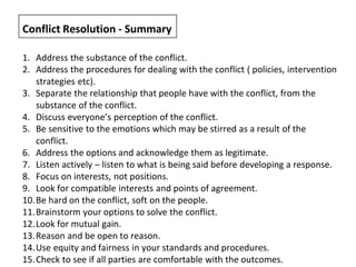 1. Address the substance of the conflict.
2. Address the procedures for dealing with the conflict ( policies, intervention
strategies etc).
3. Separate the relationship that people have with the conflict, from the
substance of the conflict.
4. Discuss everyone’s perception of the conflict.
5. Be sensitive to the emotions which may be stirred as a result of the
conflict.
6. Address the options and acknowledge them as legitimate.
7. Listen actively – listen to what is being said before developing a response.
8. Focus on interests, not positions.
9. Look for compatible interests and points of agreement.
10.Be hard on the conflict, soft on the people.
11.Brainstorm your options to solve the conflict.
12.Look for mutual gain.
13.Reason and be open to reason.
14.Use equity and fairness in your standards and procedures.
15.Check to see if all parties are comfortable with the outcomes.
Conflict Resolution - Summary
 