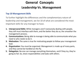 Leadership Vs. Management
General Concepts
Top 10 Management Skills
To further highlight the differences and the complementary nature of
leadership and management, we list 10 of what are considered the most
important skills for any manager to have.
1. Interpersonal Skills: While managers aren’t exclusively dealing with people,
they still must interface with them, and the better they do so, the smoother the
management process.
2. Communications: Being able to manage is being able to communicate what you
need to who needs to do it.
3. Motivation: The same is true for motivating people to follow your management
lead.
4. Organization: You must be organized. Management is made up of many parts,
and they cannot be handled on the fly.
5. Delegation: No one can manage everything themselves, and if they try, they’re
going to fail. So, share responsibilities and tasks with others.
 