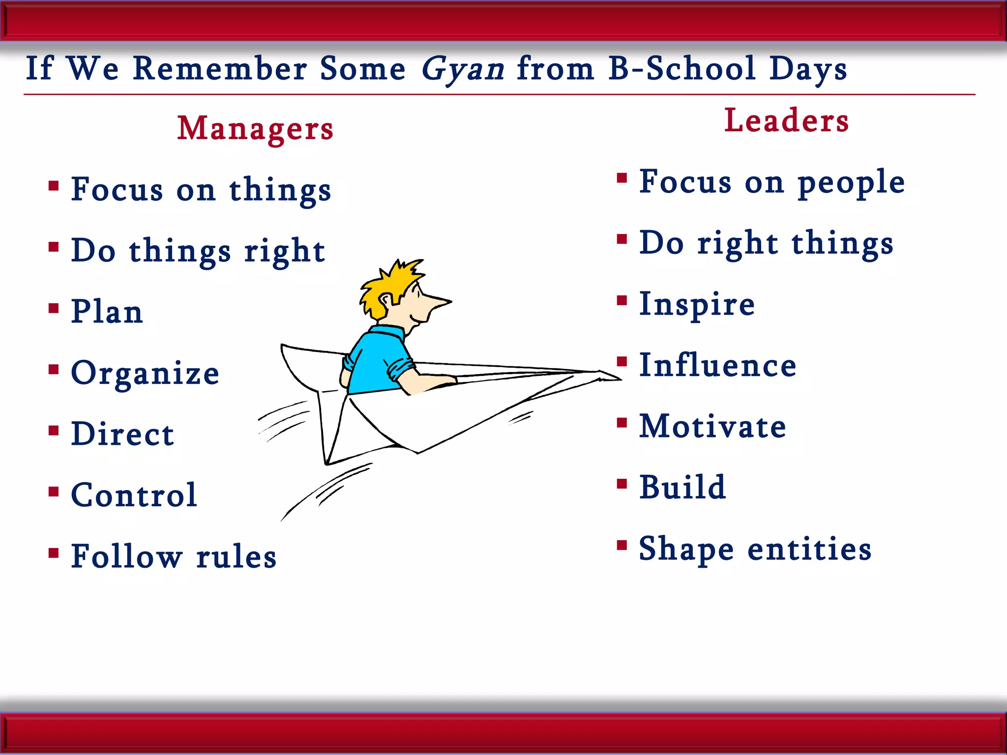 If We Remember Some  Gyan  from B-School Days Managers Focus on things Do things right Plan Organize Direct Control Follow rules Leaders Focus on people Do right things Inspire Influence Motivate Build  Shape entities 