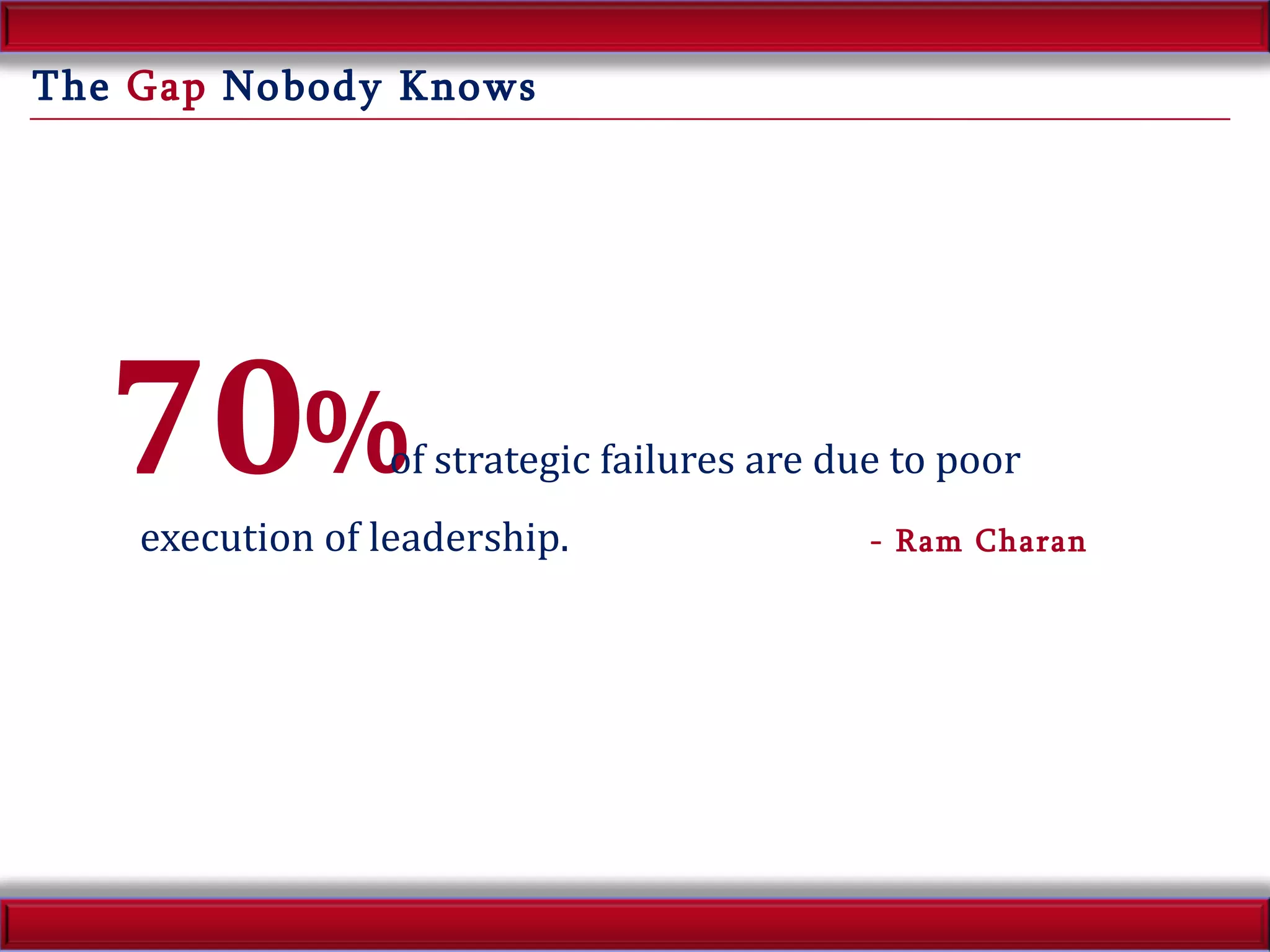 The  Gap  Nobody Knows 70 %   of strategic failures are due to poor execution of leadership. - Ram Charan 