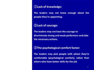 •   ①Lack of knowledge:
    The leaders may not know enough about the
    people they’re appointing.


•   ②Lack of courage:
    The leaders may not have the courage to
    discriminate strong and weak performers and take
    the necessary actions.


•   ③The psychological comfort factor:
    The leaders may pick people with whom they’re
    comfortable (psychological comfort), rather than
    others who have better skills for the job
                                                  13
 