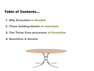 Table of Contents…

1. Why Execution is Needed

2. Three building blocks of execution

3. The Three Core processes of Execution

4. Questions & Answer




                                           4
 