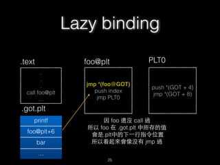 .
.
.
call foo@plt
…
.text
jmp *(foo@GOT)
push index
jmp PLT0
foo@plt
.got.plt
printf
foo@plt+6
bar
…
push *(GOT + 4)
jmp *(GOT + 8)
PLT0
因 foo 還沒 call 過
所以 foo 在 .got.plt 中所存的值
會是.plt中的下⼀一⾏行指令位置
所以看起來會像沒有 jmp 過
Lazy binding
25
 