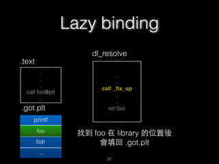.
.
.
call foo@plt
…
.text
.got.plt
printf
foo@plt+6
bar
…
..
..
call _ﬁx_up
..
..
ret 0xc
dl_resolve
foo 找到 foo 在 library 的位置後
會填回 .got.plt
Lazy binding
31
 