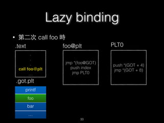 • 第⼆二次 call foo 時
.
.
.
call foo@plt
…
.text
jmp *(foo@GOT)
push index
jmp PLT0
foo@plt
.got.plt
printf
foo@plt+6
bar
…
push *(GOT + 4)
jmp *(GOT + 8)
PLT0
Lazy binding
33
foo
 