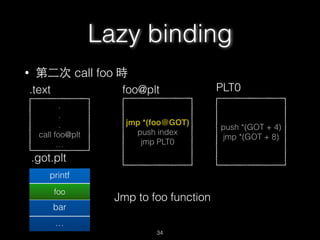 • 第⼆二次 call foo 時
.
.
.
call foo@plt
…
.text
jmp *(foo@GOT)
push index
jmp PLT0
foo@plt
.got.plt
printf
foo@plt+6
bar
…
push *(GOT + 4)
jmp *(GOT + 8)
PLT0
Lazy binding
34
foo
Jmp to foo function
 
