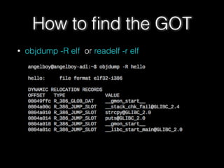 How to ﬁnd the GOT
• objdump -R elf or readelf -r elf
 