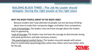 WHY THE RIGHT PEOPLE ARENT IN THE RIGHT JOBS?
- Because Leaders don’t pay attention to people, but are too busy thinking
about how to make their companies bigger and better than competitors.
•Lack of Knowledge- The leaders may not know enough about the leaders
they’re appointing.
•Lack of Courage- The leaders may not have the courage to discriminate strong
and weak performers and take necessary actions.
•The psychological comfort factor- The leaders may pick people with whom
they’re comfortable (psychologically) rather than others who have better skills
for the job.
 
