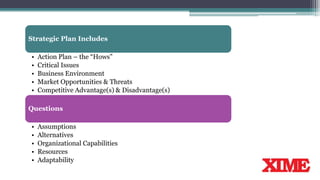 Strategic Plan Includes
• Action Plan – the “Hows”
• Critical Issues
• Business Environment
• Market Opportunities & Threats
• Competitive Advantage(s) & Disadvantage(s)
Questions
• Assumptions
• Alternatives
• Organizational Capabilities
• Resources
• Adaptability
 