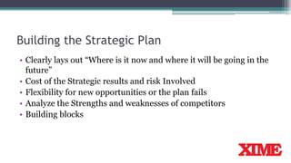 Building the Strategic Plan
• Clearly lays out “Where is it now and where it will be going in the
future”
• Cost of the Strategic results and risk Involved
• Flexibility for new opportunities or the plan fails
• Analyze the Strengths and weaknesses of competitors
• Building blocks
 