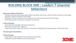 •Know your people and business:
- If leader loses touch with day-to-day realities of business, wont have a feel for where the action is/ Ask tough
questions to get to the heart of the matter.
- Employees will lose confidence, they will know more about the business than the leader
- Get to know people and business involved ( micro level)
• Insist on Realism:
- Some talk about strengths eliminate weaknesses
- Don’t filter out bad news- address it
- Leaders who value realism will be just as interested in analysing what’s going wrong + what’s done right
• Set clear goals and priorities:
• Follow Through:
- Good leaders make people feel accountable by monitoring
- Employees become reflective of the work they do
 