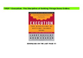 DOWNLOAD ON THE LAST PAGE !!!!
[#Download%] (Free Download) Execution: The Discipline of Getting Things Done Ebook Execution may very well be the best business book of the year, and one of the most useful to have come around in a long time. This smart and pithy book focuses on a simple though vexing challenge: How can the leaders of an organization exhort their people to deliver on the most important goals?....It's rare to find a book like this that blends smart practice with intelligent articulation of how to get things done. Do yourself a favor. Buy it. --The Boston GlobeMaking all of the moving parts of an organization function smoothly together is just plain hard work. By describing how he has done it, Mr. Bossidy has come up with a valuable and practical management guide that is must-reading for everyone who cares about business. --The New York TimesIf you want to be a CEO--or if you are a CEO and want to keep your job--read Execution and put its principles to work. --Michael Dell, chairman and CEO, Dell Computer Corp.A how-to book for the can-do boss....If even half the corporations in America pondered their suggestions, the economy would be in much better shape. Moreover, Bossidy and Charan boast an impressive enough track record that anyone who wants to stay sharp at the helm will welcome their assistance. --BusinessWeekSound, practical advice on how to make things happen. --Ralph S. Larsen, chairman and CEO, Johnson &JohnsonHere's the real deal.... This is no-nonsense stuff.... The leaders who sweat the small stuff, hire the right people, make the tough decisions and stick around to see that they're carried out are the real winners.... Forget the swarmy memoirs, cheesy parables, advice for idiots, and leadership secrets of despots and barbarians. Getting it done is, according to Bossidy and Charan, the only way to grow. --The Miami HeraldCaptures a lifetime of building winning formulas and puts them in a simple, practical context for executives at any level. --Ivan Seidenberg, president and CEO,
Verizon
^PDF^ Execution: The Discipline of Getting Things Done Online
 