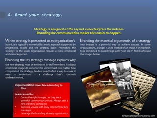 4. Brand your strategy.
Strategy is designed at the top but executed from the bottom.
Branding the communication makes this easier to happen.
When strategy is presented to an organization’s
board, it is typically a numerically centric approach supported by
projections, graphs and the strategy paper. Promoting the
strategy to the whole organization requires a more emotional
and visual argument.
Branding the key strategy message explains why
the new strategy must be embraced by staff members. It adopts
emotional images to convince the unconvinced. No matter how
complicated the strategy, leaders need to find a way to make it
easy to understand - a challenge that’s routinely
underestimated.
Branding the essential argument(s) of a strategy
into images is a powerful way to achieve success. In some
organizations, a slogan is used instead of an image. For example,
Nike combined its swoosh logo with “just do it”; Microsoft used
the images below.
Implementation Never Goes According to
Plan
Leaders need to :
• Create the right images , as they are a
powerful communication tool. Always test a
new branding campaign.
• Combine visuals with copy to reionforce key
messages
• Leverage the branding at every opportunity
bridges@bridgesconsultancy.com
 