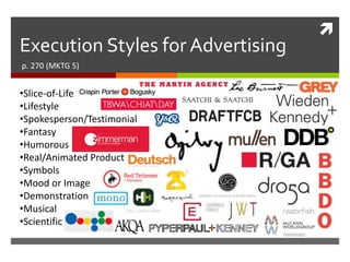 
Execution Styles for Advertising
p. 270 (MKTG 5)
•Slice-of-Life
•Lifestyle
•Spokesperson/Testimonial
•Fantasy
•Humorous
•Real/Animated Product
•Symbols
•Mood or Image
•Demonstration
•Musical
•Scientific
 