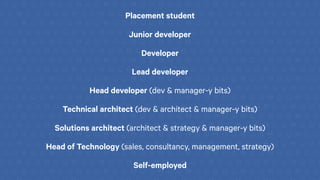 Placement student
Junior developer
Developer
Lead developer
Head developer (dev & manager-y bits)
Technical architect (dev & architect & manager-y bits)
Solutions architect (architect & strategy & manager-y bits)
Head of Technology (sales, consultancy, management, strategy)
Self-employed
 