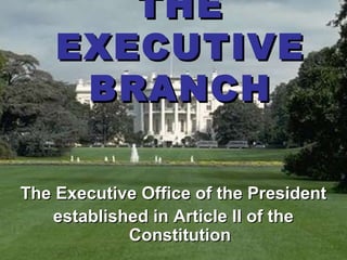 THETHE
EXECUTIVEEXECUTIVE
BRANCHBRANCH
The Executive Office of the PresidentThe Executive Office of the President
established in Article II of theestablished in Article II of the
ConstitutionConstitution
 