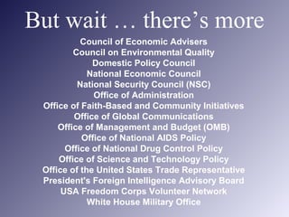 But wait … there’s more
Council of Economic Advisers
Council on Environmental Quality
Domestic Policy Council
National Economic Council
National Security Council (NSC)
Office of Administration
Office of Faith-Based and Community Initiatives
Office of Global Communications
Office of Management and Budget (OMB)
Office of National AIDS Policy
Office of National Drug Control Policy
Office of Science and Technology Policy
Office of the United States Trade Representative
President's Foreign Intelligence Advisory Board
USA Freedom Corps Volunteer Network
White House Military Office
 