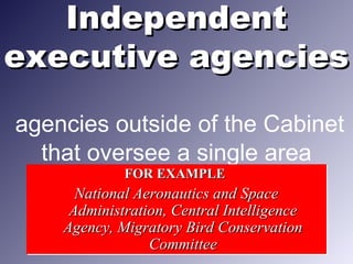 IndependentIndependent
executive agenciesexecutive agencies
agencies outside of the Cabinet
that oversee a single area
FOR EXAMPLEFOR EXAMPLE
National Aeronautics and SpaceNational Aeronautics and Space
Administration, Central IntelligenceAdministration, Central Intelligence
Agency, Migratory Bird ConservationAgency, Migratory Bird Conservation
CommitteeCommittee
FOR EXAMPLEFOR EXAMPLE
National Aeronautics and SpaceNational Aeronautics and Space
Administration, Central IntelligenceAdministration, Central Intelligence
Agency, Migratory Bird ConservationAgency, Migratory Bird Conservation
CommitteeCommittee
 