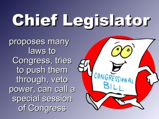 Chief LegislatorChief Legislator
proposes manyproposes many
laws tolaws to
Congress, triesCongress, tries
to push themto push them
through, vetothrough, veto
power, can call apower, can call a
special sessionspecial session
of Congressof Congress
 