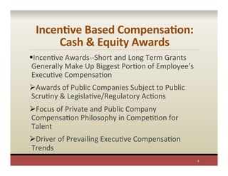 IncenAve	
  Based	
  CompensaAon:	
  
Cash	
  &	
  Equity	
  Awards	
  
§ IncenPve	
  Awards-­‐-­‐Short	
  and	
  Long	
  Term	
  Grants	
  
Generally	
  Make	
  Up	
  Biggest	
  PorPon	
  of	
  Employee’s	
  
ExecuPve	
  CompensaPon	
  
Ø Awards	
  of	
  Public	
  Companies	
  Subject	
  to	
  Public	
  
ScruPny	
  &	
  LegislaPve/Regulatory	
  AcPons	
  
Ø Focus	
  of	
  Private	
  and	
  Public	
  Company	
  
CompensaPon	
  Philosophy	
  in	
  CompePPon	
  for	
  
Talent	
  
Ø Driver	
  of	
  Prevailing	
  ExecuPve	
  CompensaPon	
  
Trends	
  
8	
  
 