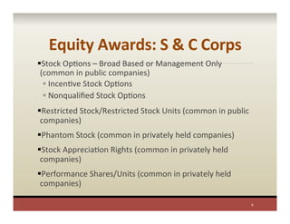 Equity	
  Awards:	
  S	
  &	
  C	
  Corps	
  
§ Stock	
  OpPons	
  –	
  Broad	
  Based	
  or	
  Management	
  Only	
  
(common	
  in	
  public	
  companies)	
  
◦ IncenPve	
  Stock	
  OpPons	
  
◦ Nonqualiﬁed	
  Stock	
  OpPons	
  
§ Restricted	
  Stock/Restricted	
  Stock	
  Units	
  (common	
  in	
  public	
  
companies)	
  
§ Phantom	
  Stock	
  (common	
  in	
  privately	
  held	
  companies)	
  
§ Stock	
  AppreciaPon	
  Rights	
  (common	
  in	
  privately	
  held	
  
companies)	
  
§ Performance	
  Shares/Units	
  (common	
  in	
  privately	
  held	
  
companies)	
  
9	
  
 