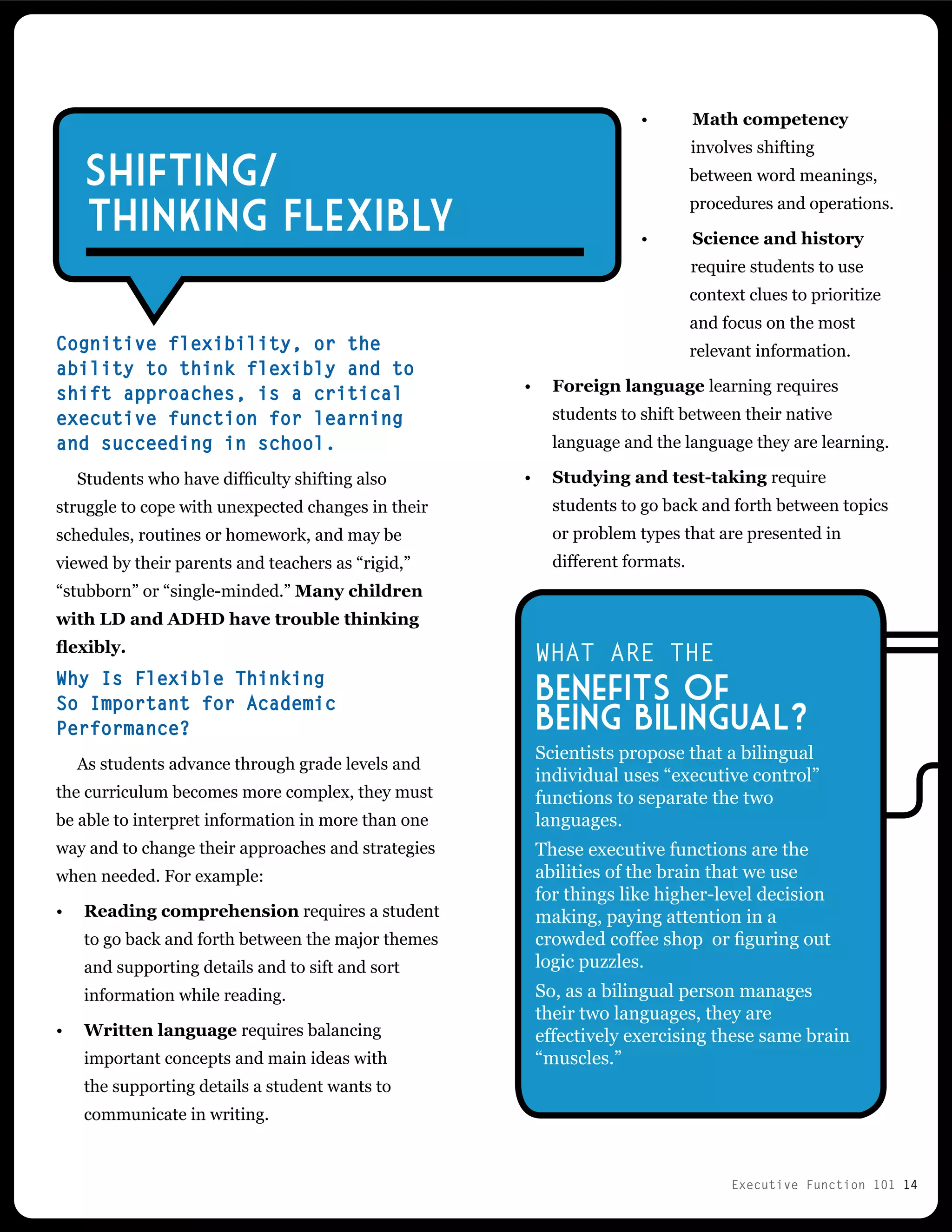 Executive Function 101 14
•	 Math competency
involves shifting
between word meanings,
procedures and operations.
•	 Science and history
require students to use
context clues to prioritize
and focus on the most
relevant information.
•	 Foreign language learning requires
students to shift between their native
language and the language they are learning.
•	 Studying and test-taking require
students to go back and forth between topics
or problem types that are presented in
different formats.
Cognitive flexibility, or the
ability to think flexibly and to
shift approaches, is a critical
executive function for learning
and succeeding in school.
Students who have difficulty shifting also
struggle to cope with unexpected changes in their
schedules, routines or homework, and may be
viewed by their parents and teachers as “rigid,”
“stubborn” or “single-minded.” Many children
with LD and ADHD have trouble thinking
flexibly.
Why Is Flexible Thinking
So Important for Academic
Performance?
As students advance through grade levels and
the curriculum becomes more complex, they must
be able to interpret information in more than one
way and to change their approaches and strategies
when needed. For example:
•	 Reading comprehension requires a student
to go back and forth between the major themes
and supporting details and to sift and sort
information while reading.
•	 Written language requires balancing
important concepts and main ideas with
the supporting details a student wants to
communicate in writing.
Shifting/
Thinking Flexibly
WHAT ARE THE
BenefIts of
Being Bilingual?
Scientists propose that a bilingual
individual uses “executive control”
functions to separate the two
languages.
These executive functions are the
abilities of the brain that we use
for things like higher-level decision
making, paying attention in a
crowded coffee shop or figuring out
logic puzzles.
So, as a bilingual person manages
their two languages, they are
effectively exercising these same brain
“muscles.”
 